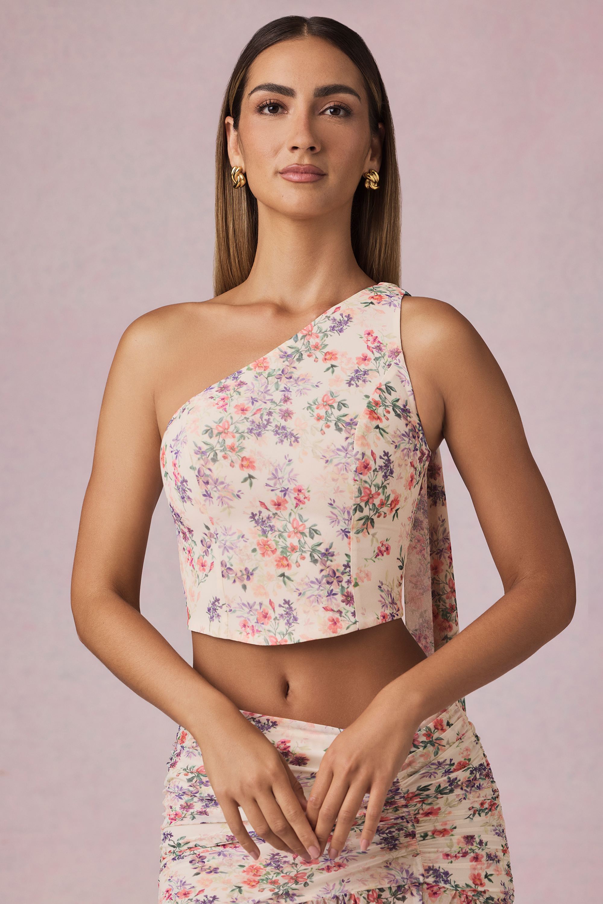 Scarf-Detail One-Shoulder Top in Primrose Floral Print