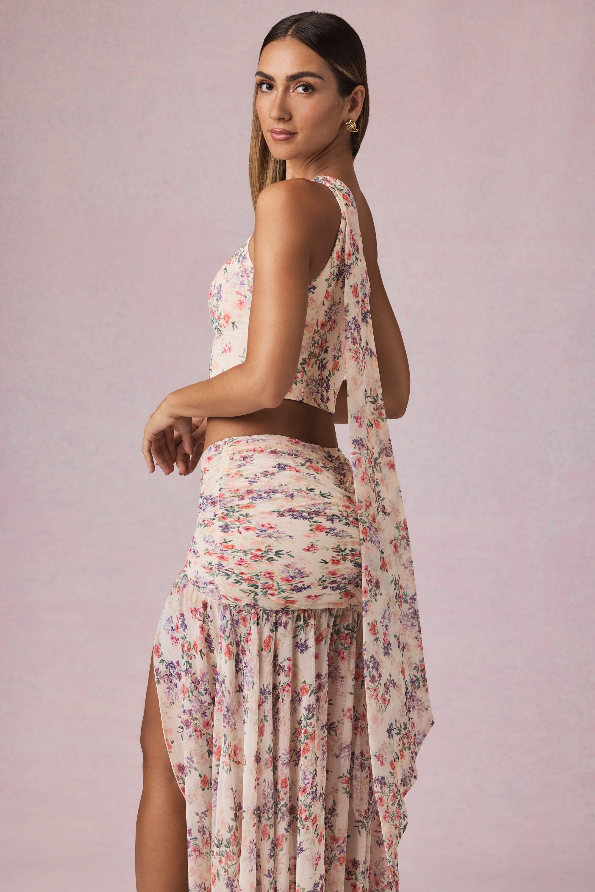 Scarf-Detail One-Shoulder Top in Primrose Floral Print