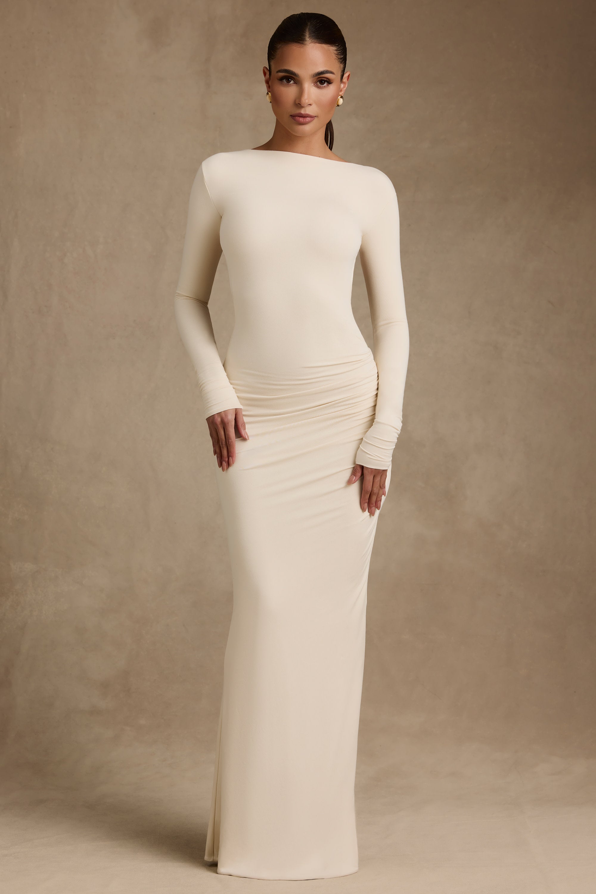 Modal Ruched Backless Maxi Dress in Ivory