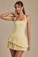 Asymmetric Layered Halterneck Mini Dress in Pastel Yellow