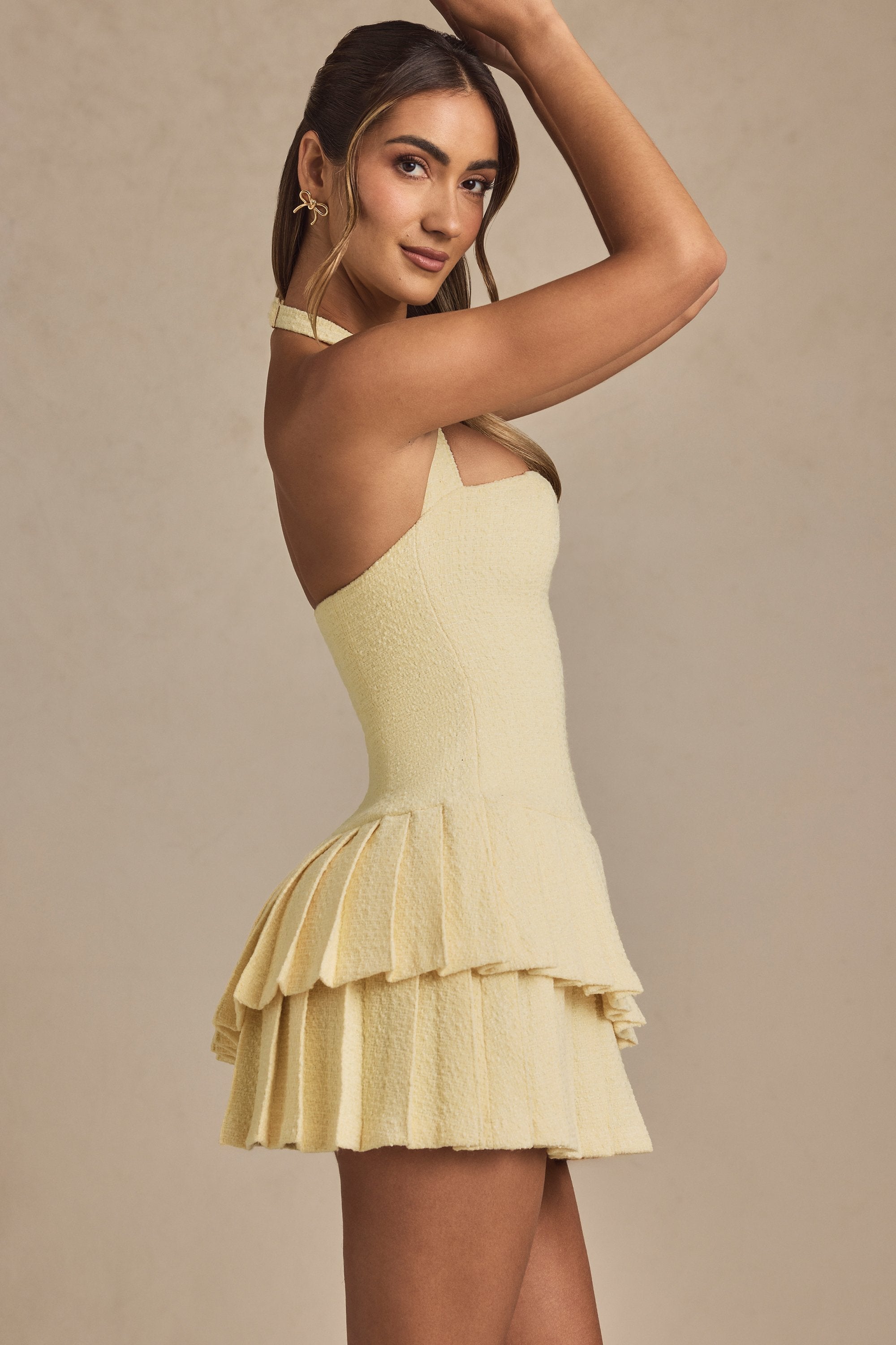 Asymmetric Layered Halterneck Mini Dress in Pastel Yellow