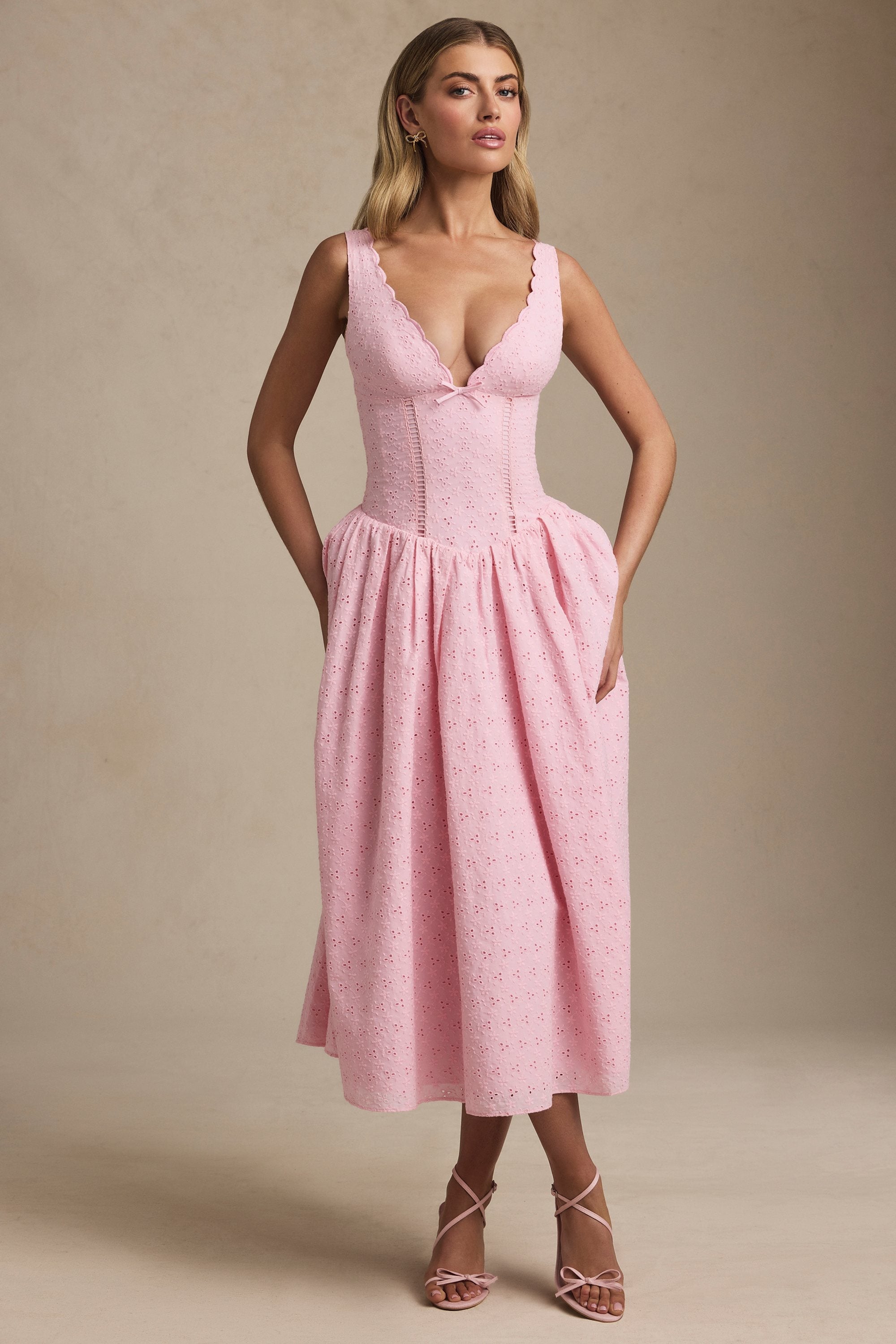 Broderie Anglaise Bow-Detail A-Line Midaxi Dress in Soft Pink