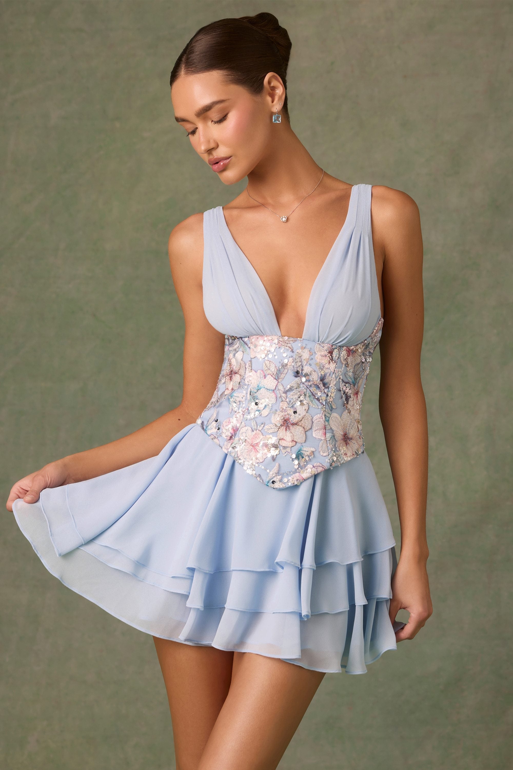 Embellished Ruffled Corset Mini Dress in Floral Blue
