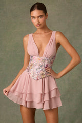 Embellished Ruffled Corset Mini Dress in Floral Pink