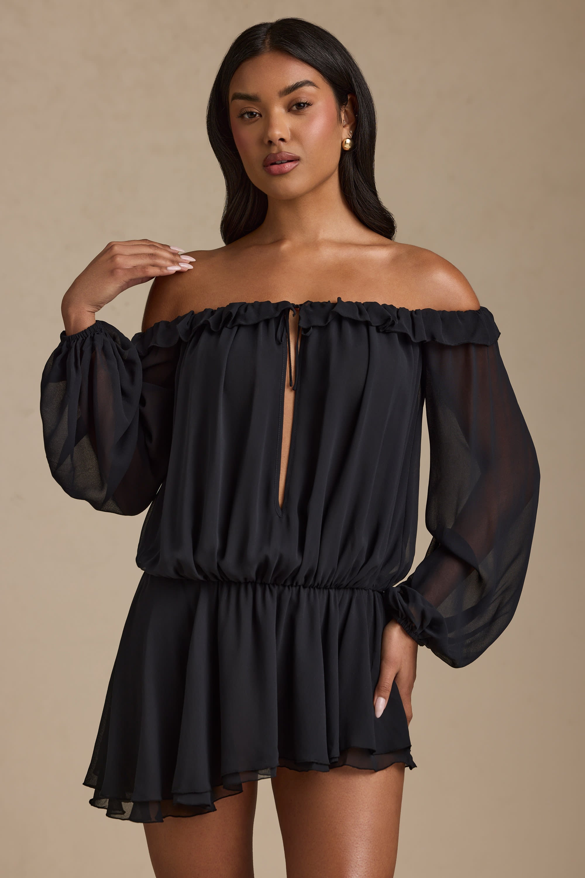 Off-Shoulder Asymmetric Balloon-Sleeve Mini Dress in Black