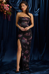 Bandeau Cowl-Neck Maxi Dress in Black Floral Print