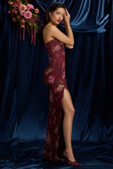 Bandeau Cowl-Neck Maxi Dress in Maroon Floral Print