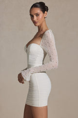 Embellished Long-Sleeve Mini Dress in White