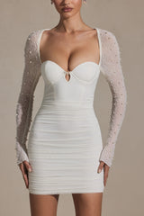 Embellished Long-Sleeve Mini Dress in White
