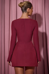 Square-Neck Structured Tulip Mini Dress in Wine Red