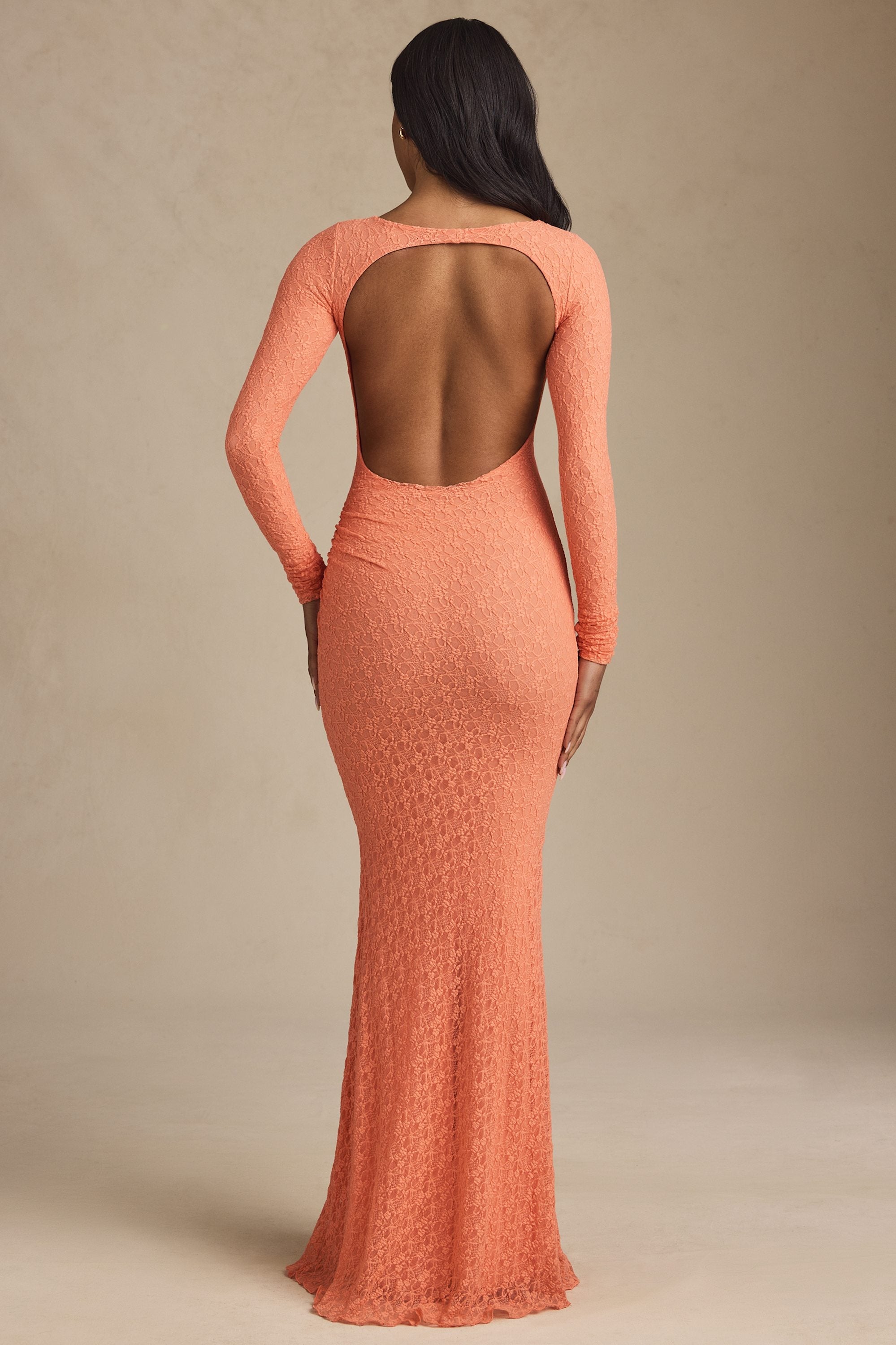 Ruched Backless Lace Maxi Dress in Peach