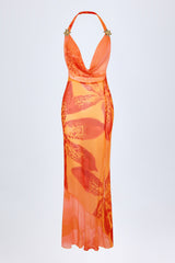 Cowl-Neck Hardware-Detail Maxi Dress in Orange Orchid Print