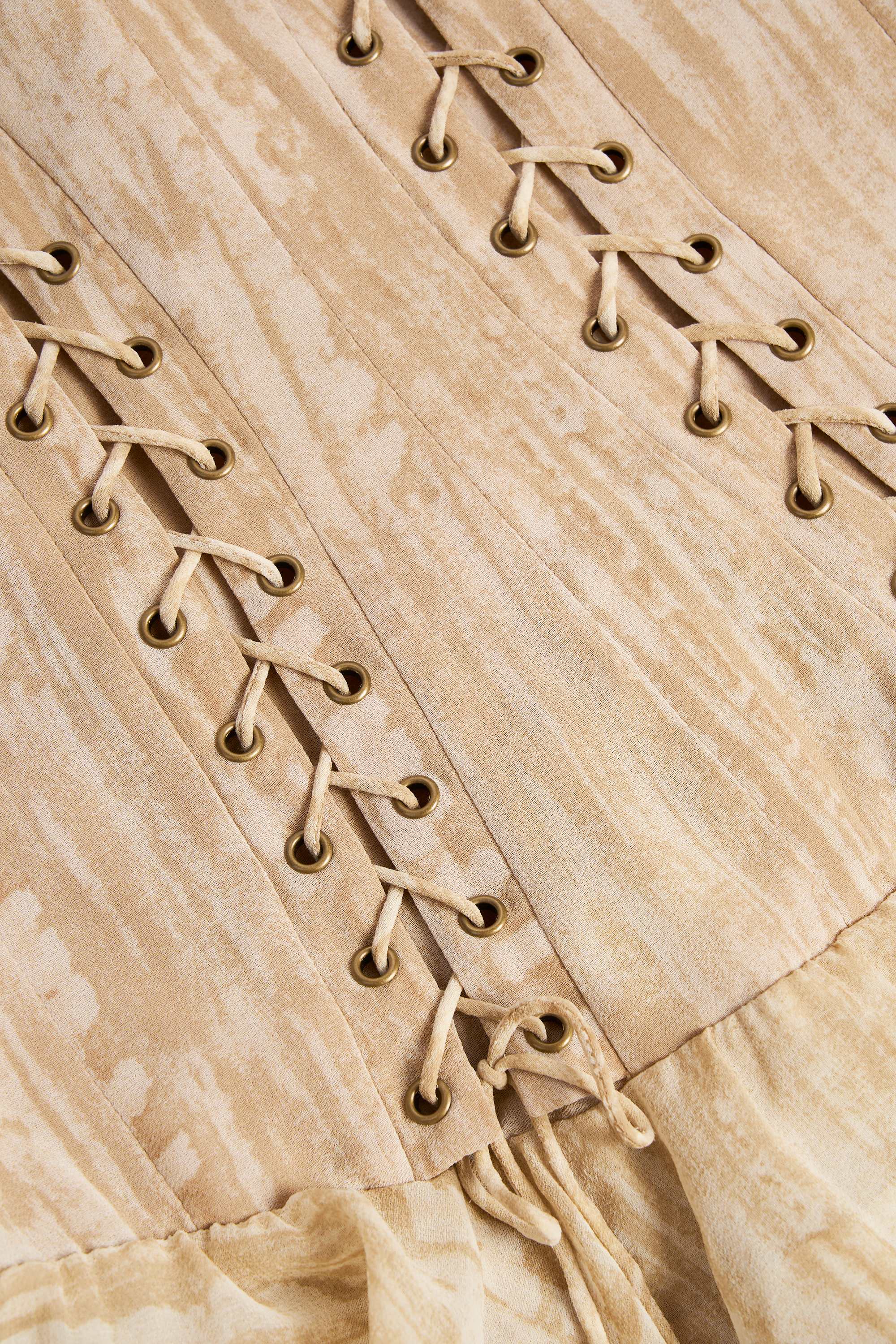 Lace-Up Ruffled Tiered Mini Dress in Tan Print