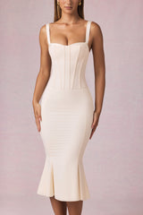 Layered Bra-Detail Fishtail Midaxi Dress in Ivory