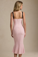 Layered Bra-Detail Fishtail Midaxi Dress in Pink Polka Dot