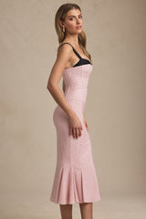 Layered Bra-Detail Fishtail Midaxi Dress in Pink Polka Dot