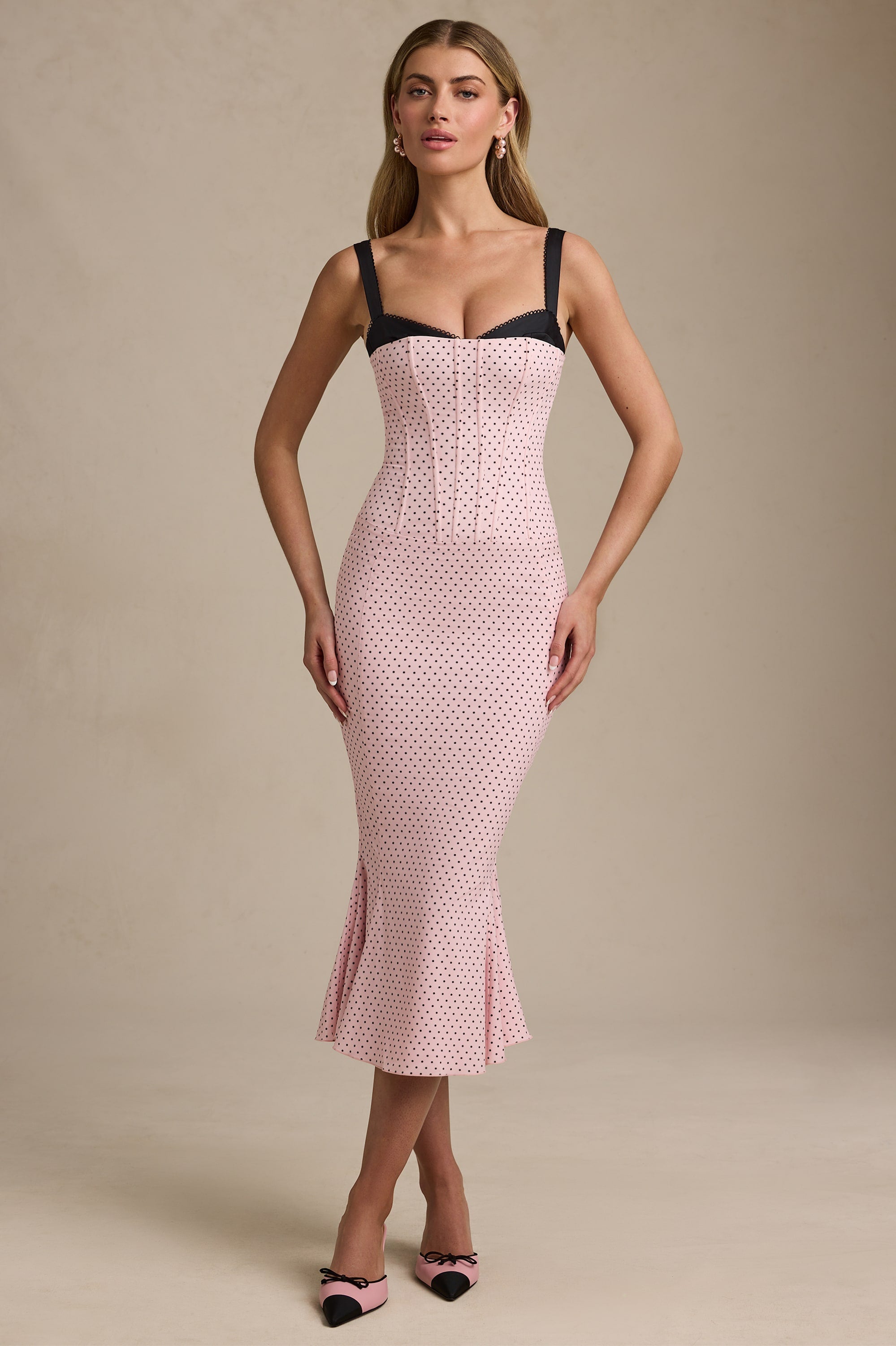 Layered Bra-Detail Fishtail Midaxi Dress in Pink Polka Dot
