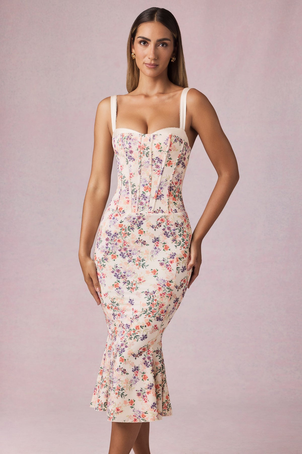 Layered Bra-Detail Fishtail Midaxi Dress in Primrose Floral Print