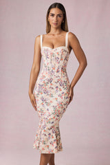 Layered Bra-Detail Fishtail Midaxi Dress in Primrose Floral Print