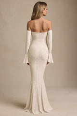 Off-Shoulder Ruffle Lace Maxi Dress in Ivory
