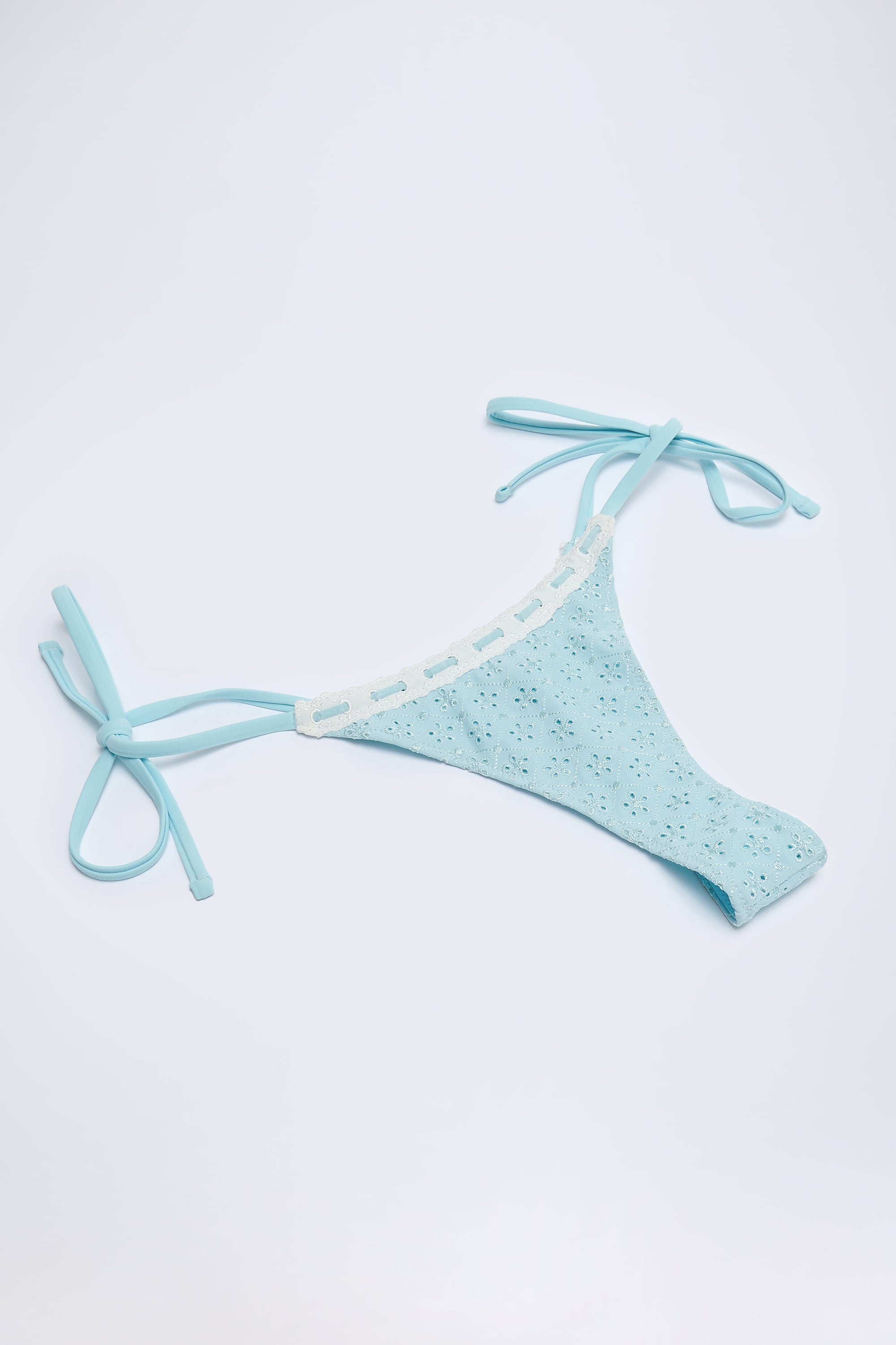 Broderie Anglaise Side-Tie Thong Bikini Bottoms in Powder Blue