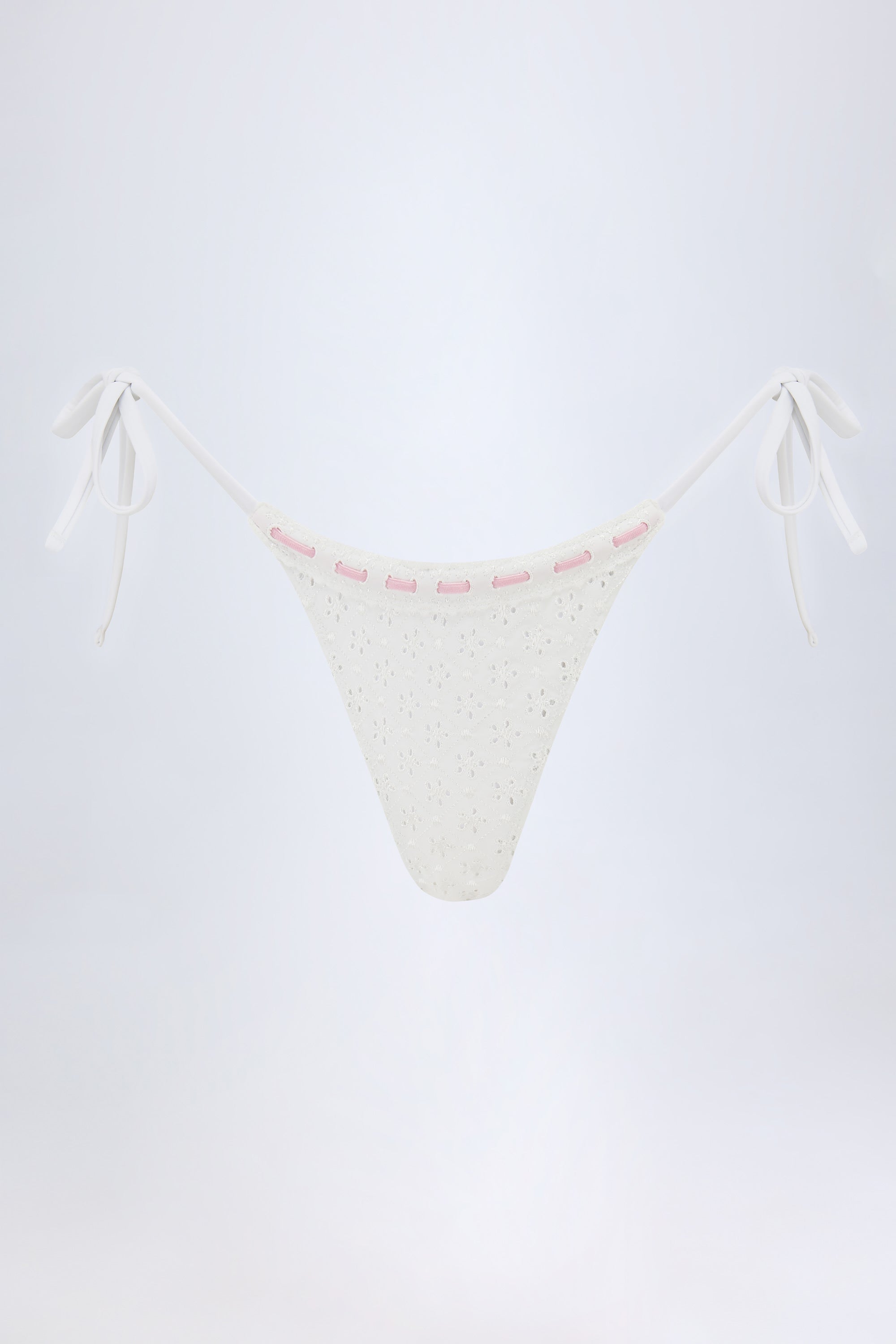 Broderie Anglaise Side-Tie Thong Bikini Bottoms in White