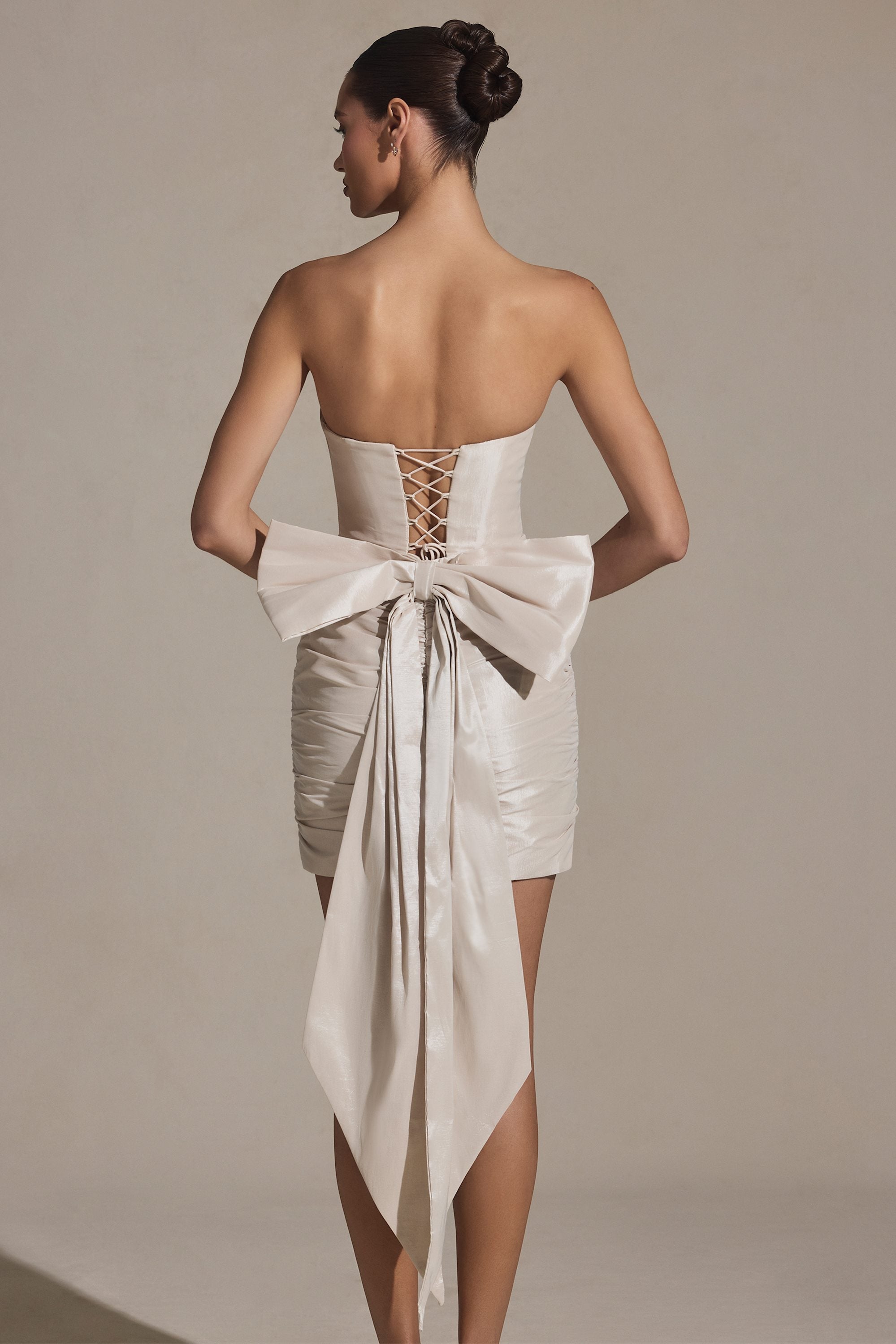 Bow-Detail Strapless Mini Dress in Ivory
