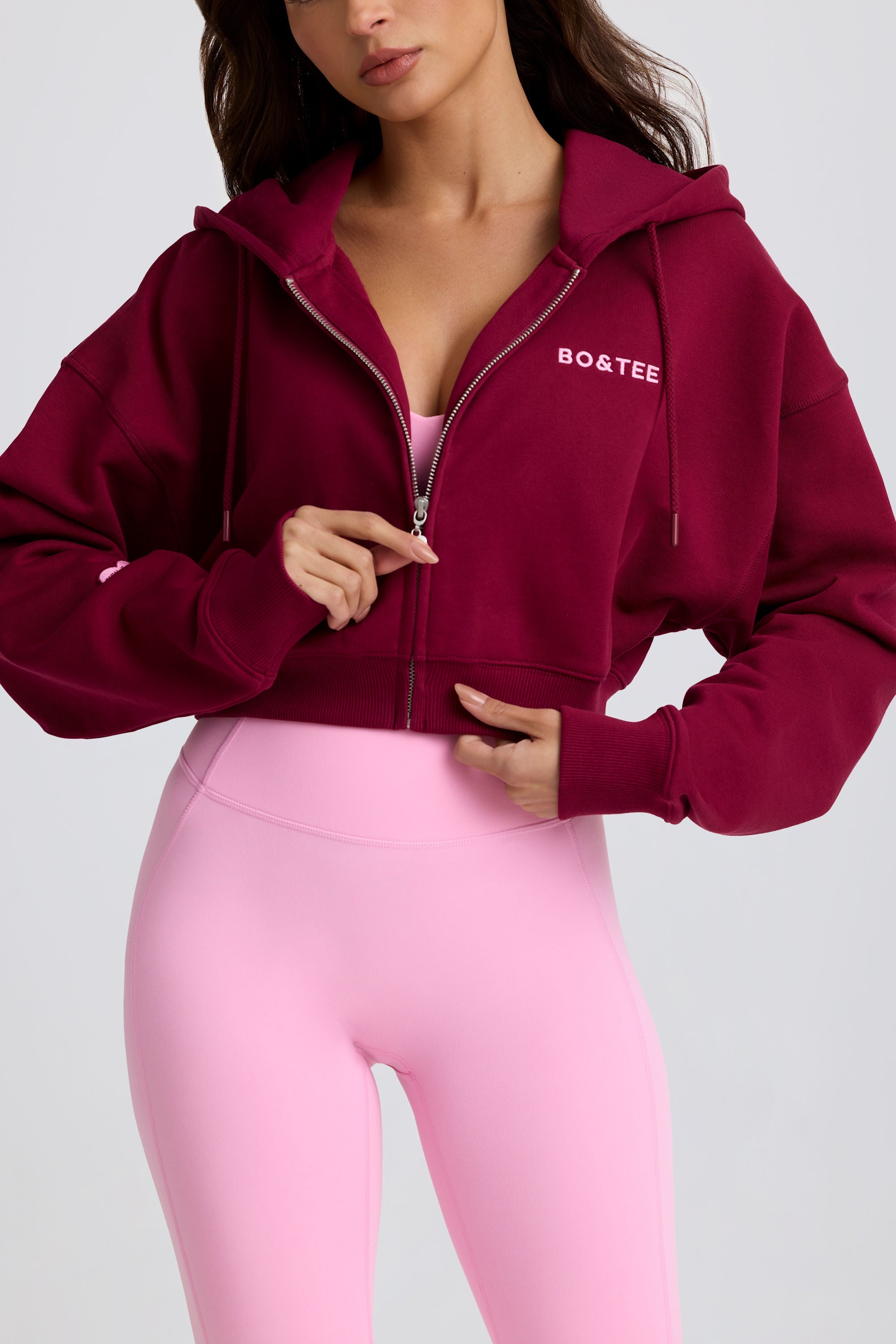 Cropped Zip-Up Hoodie in Burgundy