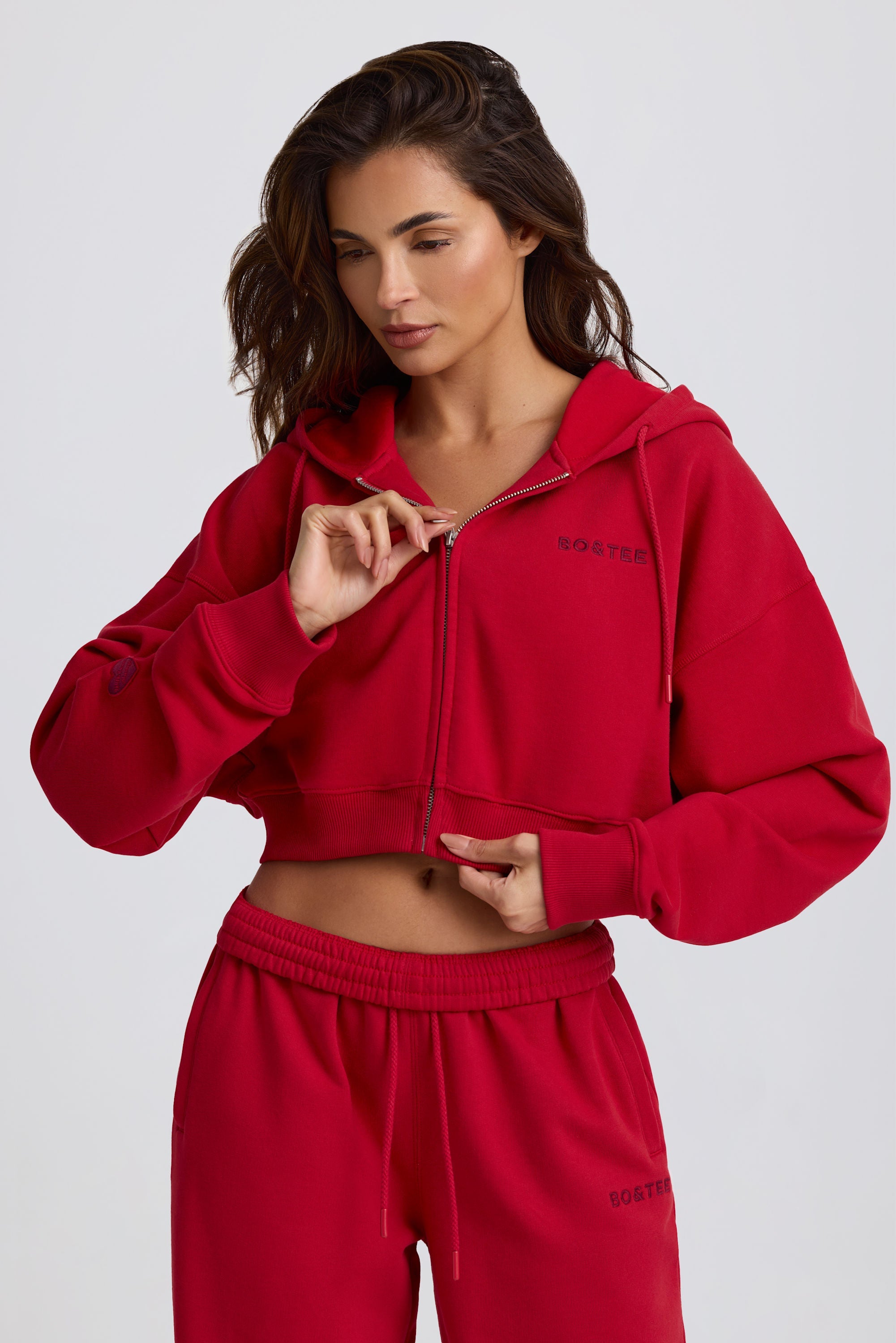 Cropped Zip-Up Hoodie in Hot Red