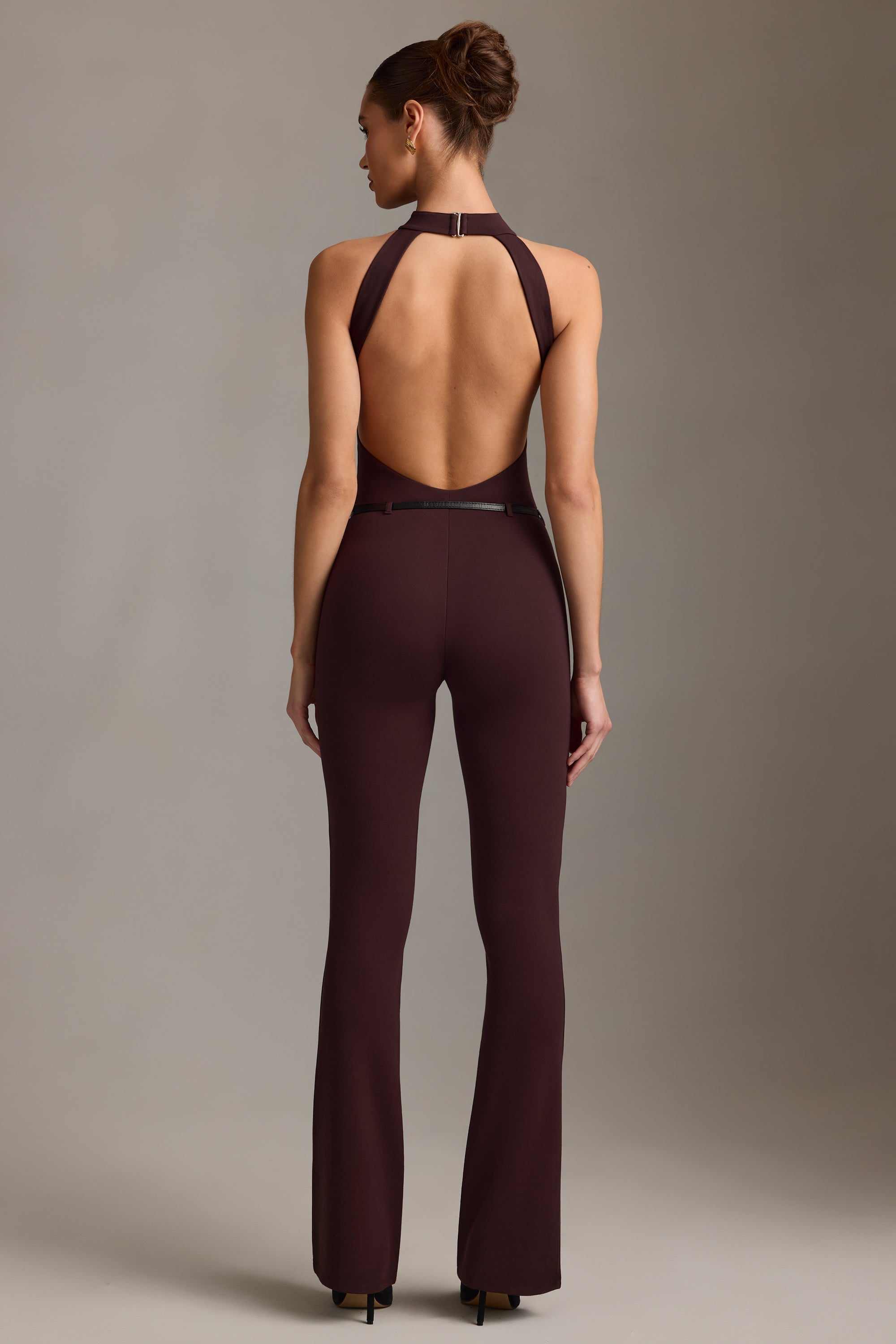 Backless Turtleneck Jumpsuit in Chocolate Brown